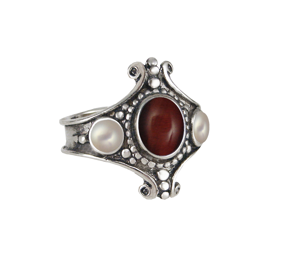 Sterling Silver Imperial Ring With Red Tiger Eye And Cultured Freshwater Pearl Size 11